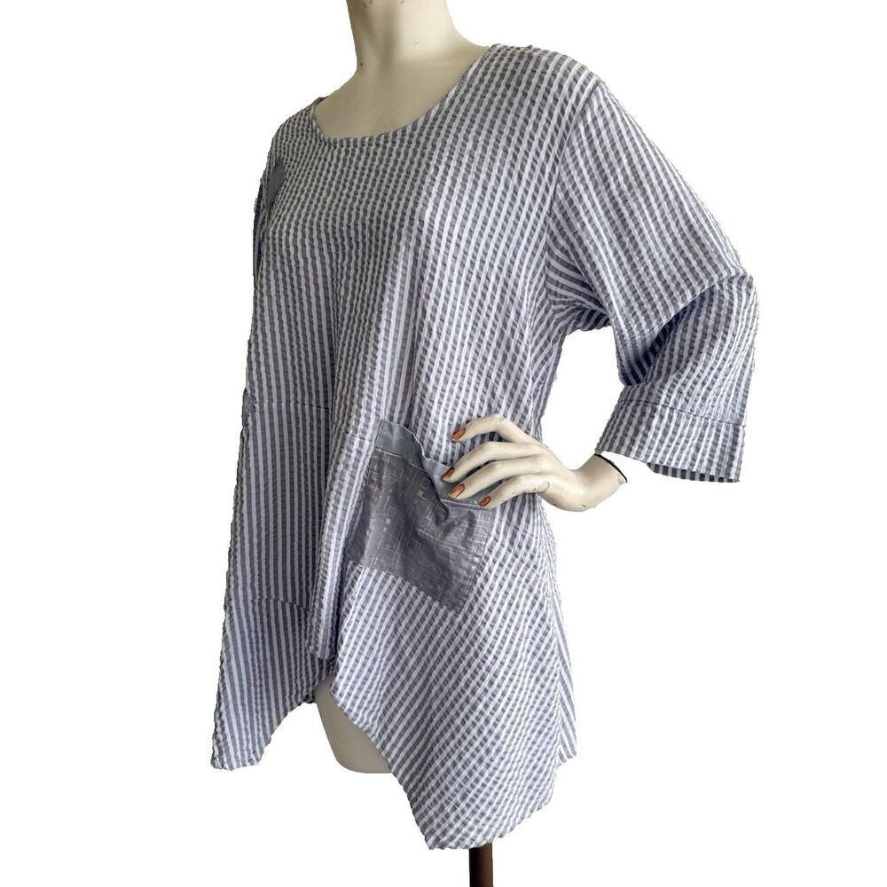TULIP Clothing 100% Cotton Tunic Top Gray Seersucker Art to Wear Lagenlook OSFA
